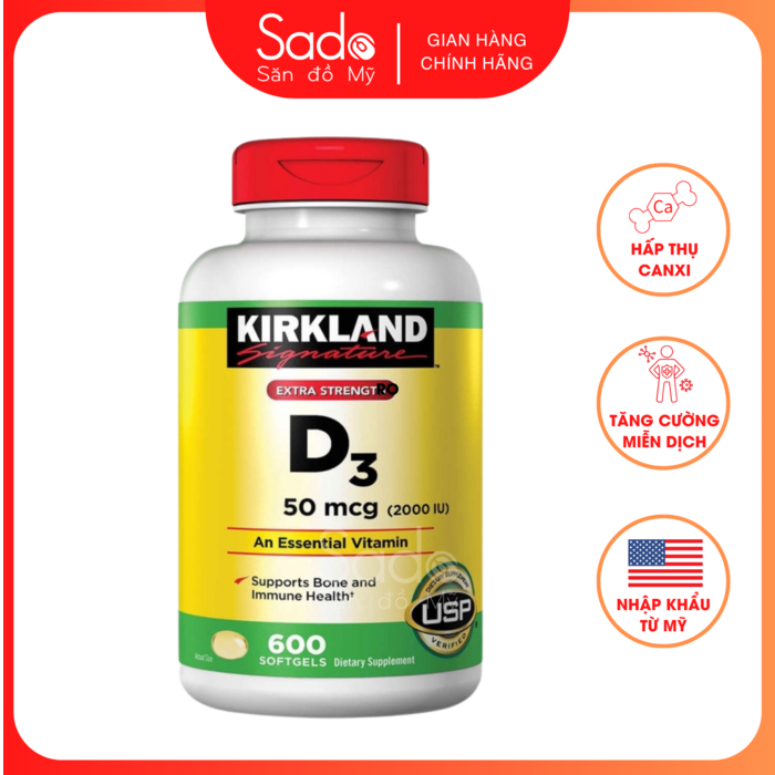 Viên uống Vitamin D3 Kirkland Extra Strength D3 50mcg (600 viên) – Hỗ trợ xương khớp