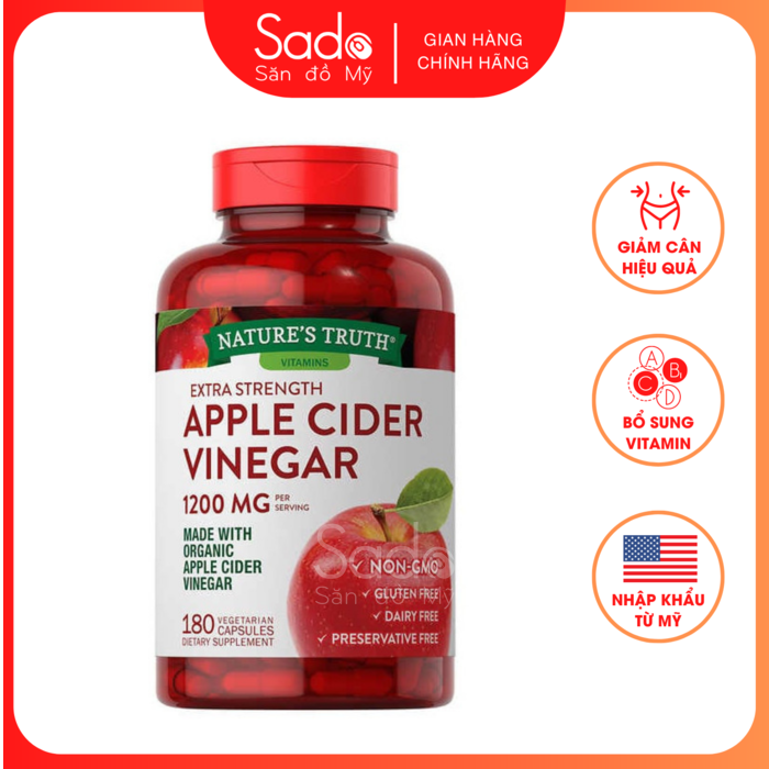 Viên Uống Giảm Cân Giấm Táo Hữu Cơ Chính Hãng Mỹ Nature’s Truth Apple Cider Vinegar 1200mg