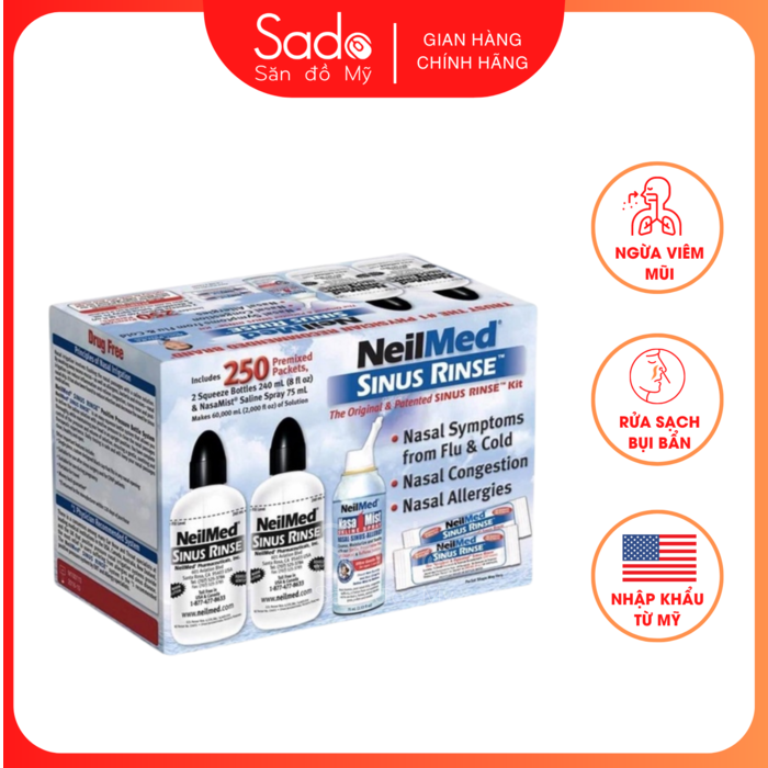 NeilMed Sinus Rinse 250ct - Bộ dụng cụ rửa mũi cho người lớn