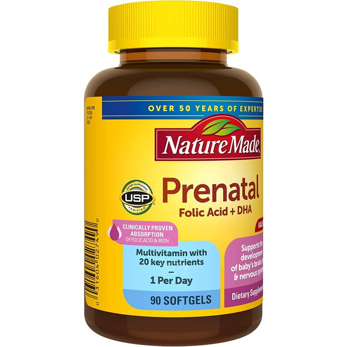 Viên uống bổ sung vitamin cho bà bầu Nature Made Prenatal With Folic Acid + DHA Softgels, 90 ct