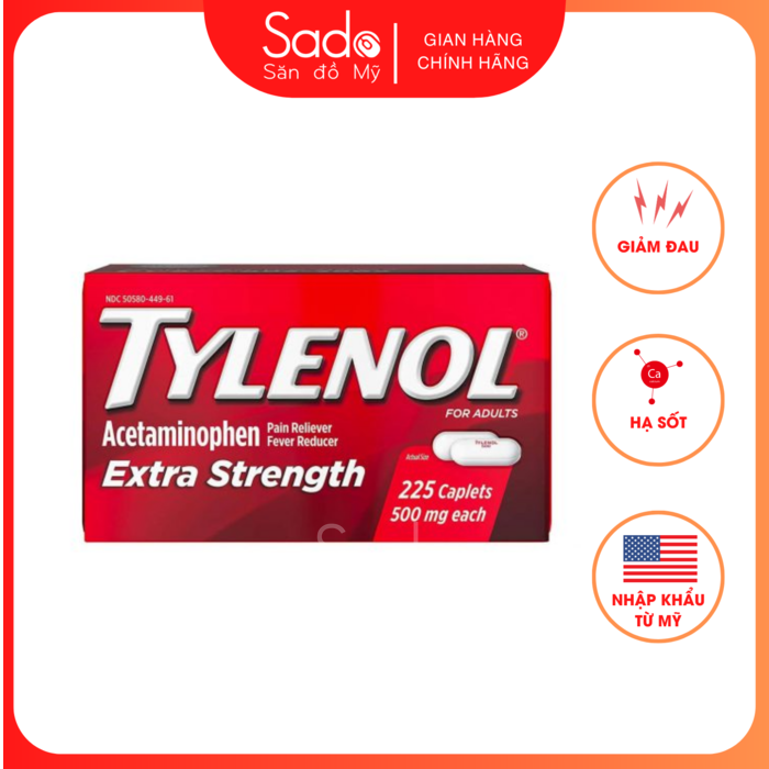 Viên uống Tylenol Acetaminophen Extra Strength 500mg 225 Caplets