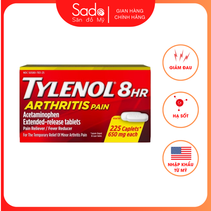 Viên uống Tylenol 8Hr Arthritis Pain 650mg 225 Caplets